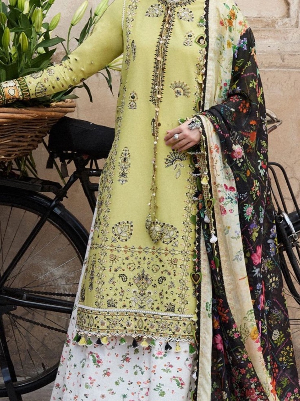 Lime Green Embroidered Women's Dress with Floral Dupatta